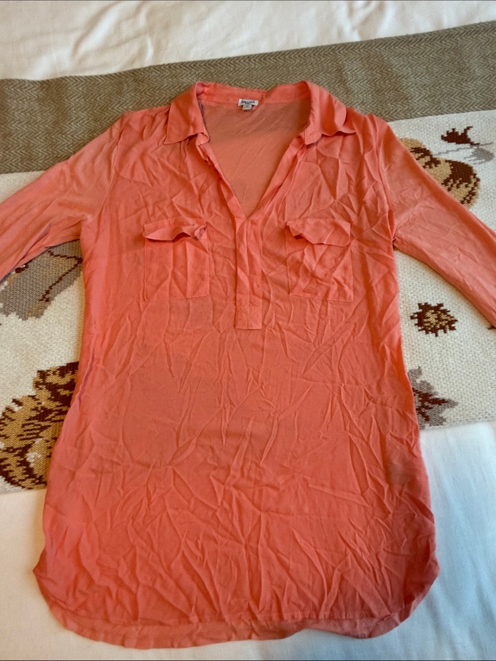 Splendid Coral V-Neck Tunic with Chest Pockets